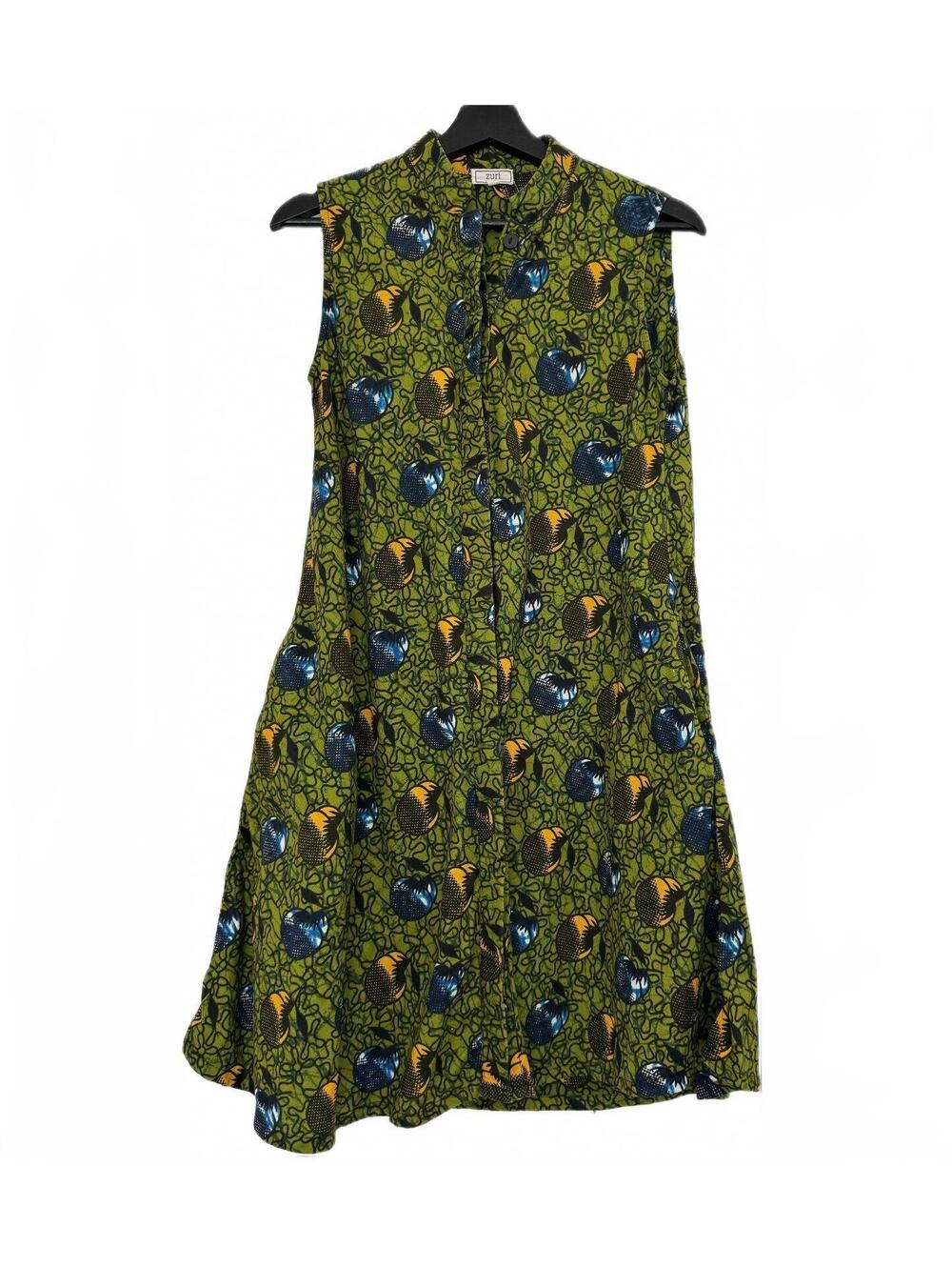 Zuri Kenya Sleeveless Shirt Dress Cotton Olive Green Print XXS-S